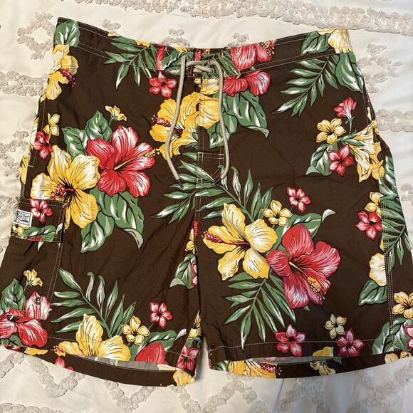 Polo Ralph Lauren Swim Trunks Mens XLarge Brown Floral Drawstring Pockets - Picture 1 of 6